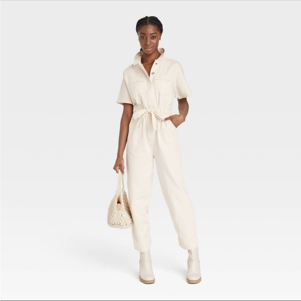 Universal Thread Cream Waist Tie Linen Blend Boiler Suit Full Length Romper